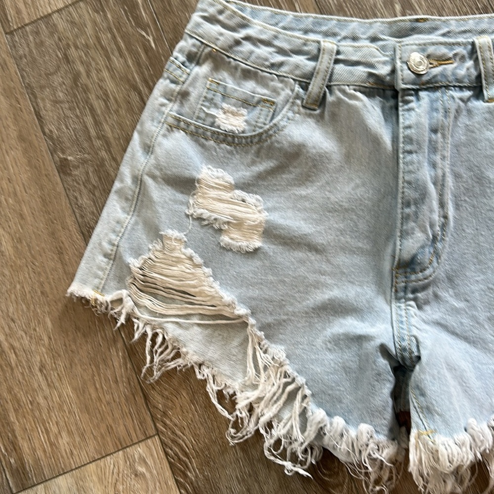 SHEIN | Blue Jean Shorts Distressed Frayed Hem Mid Rise - Picture 6 of 11